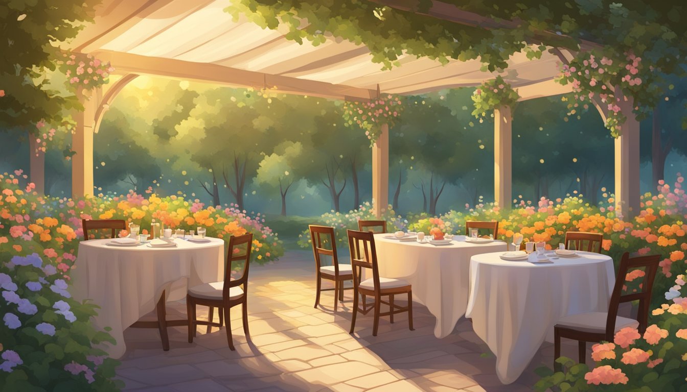 Tables set under a canopy of trees, surrounded by colorful flowers. A gentle breeze rustles the leaves as the sun sets, casting a warm glow over the scene