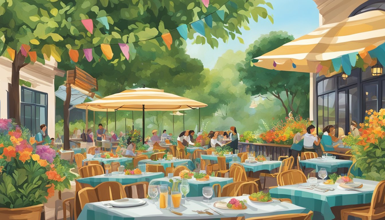 A bustling outdoor restaurant with colorful table settings, surrounded by lush greenery and vibrant flowers. The menu board prominently displays a variety of tantalizing culinary delights