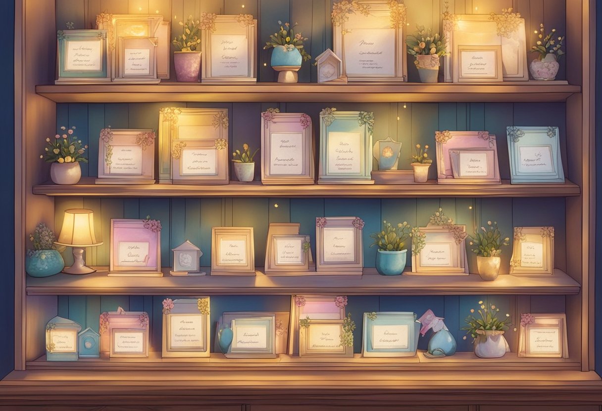 A colorful array of baby name cards displayed on a vintage bookshelf, surrounded by delicate floral accents and soft fairy lights