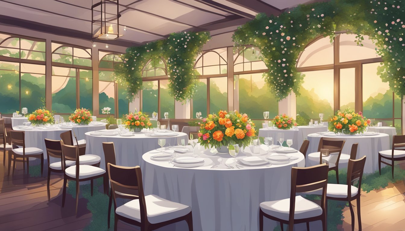 Tables set with white linens, surrounded by lush greenery and colorful flowers. Soft ambient lighting creates a warm and inviting atmosphere