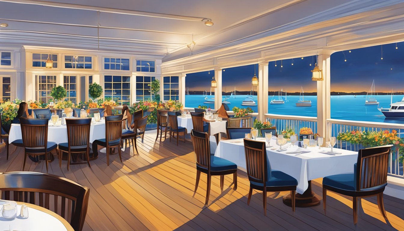 The yacht club restaurant bustles with diners enjoying waterfront views and elegant decor. The sound of clinking glasses and chatter fills the air as boats glide by