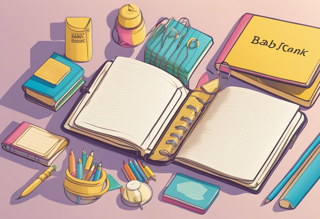 A colorful array of baby name books and online resources, with a notebook and pen for jotting down ideas