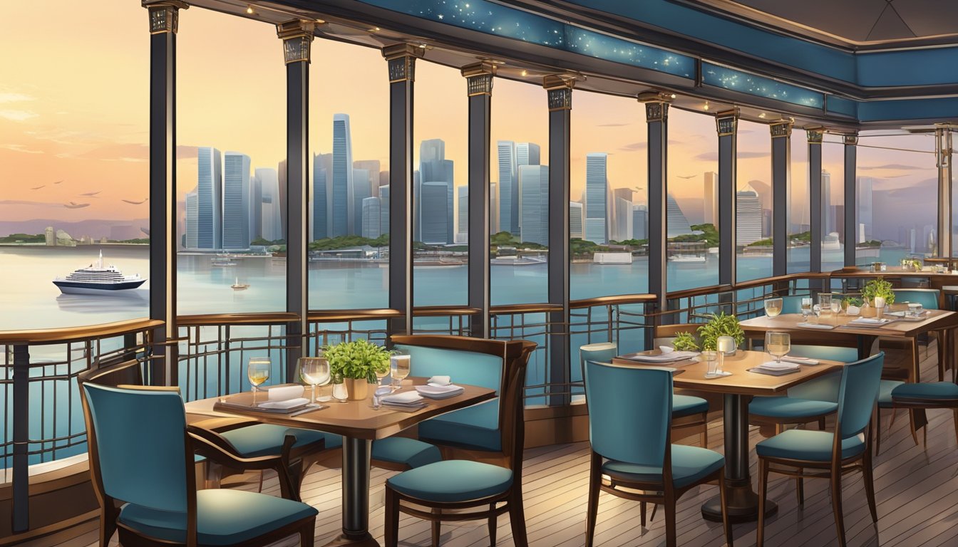 A ship-themed restaurant in Singapore with a panoramic view of the city skyline and waterfront, featuring nautical decor and elegant dining areas