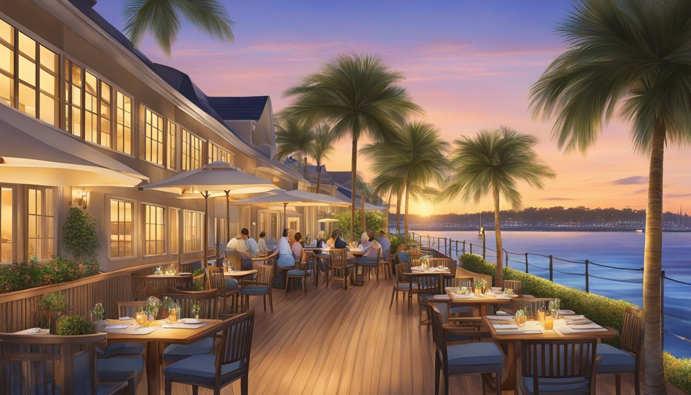 The sun sets over the tranquil marina, casting a warm glow on the outdoor dining area of SAF Yacht Club's restaurant. The gentle lapping of waves provides a soothing soundtrack as guests savor their meals and enjoy the picturesque waterfront view