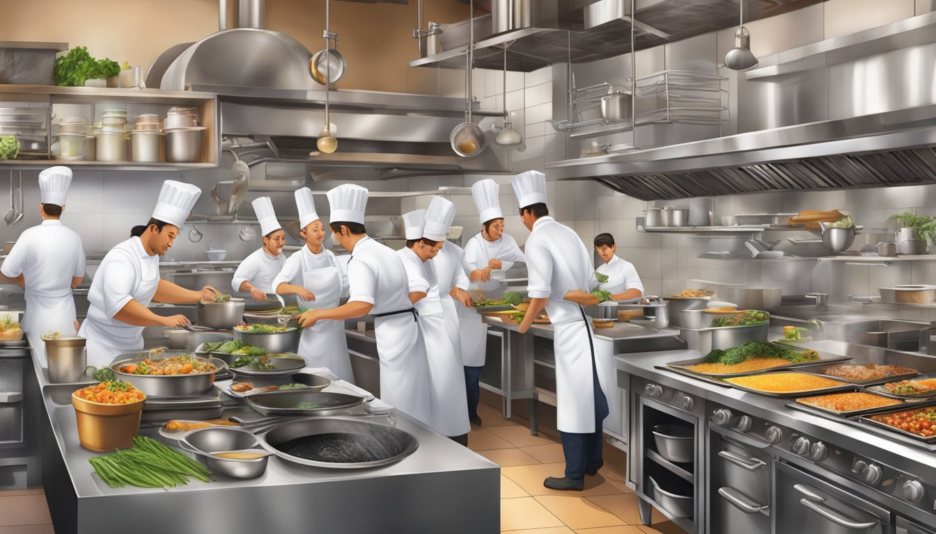 The bustling kitchen at Oscar's Culinary Delights, filled with sizzling pans, aromatic herbs, and busy chefs creating mouthwatering dishes