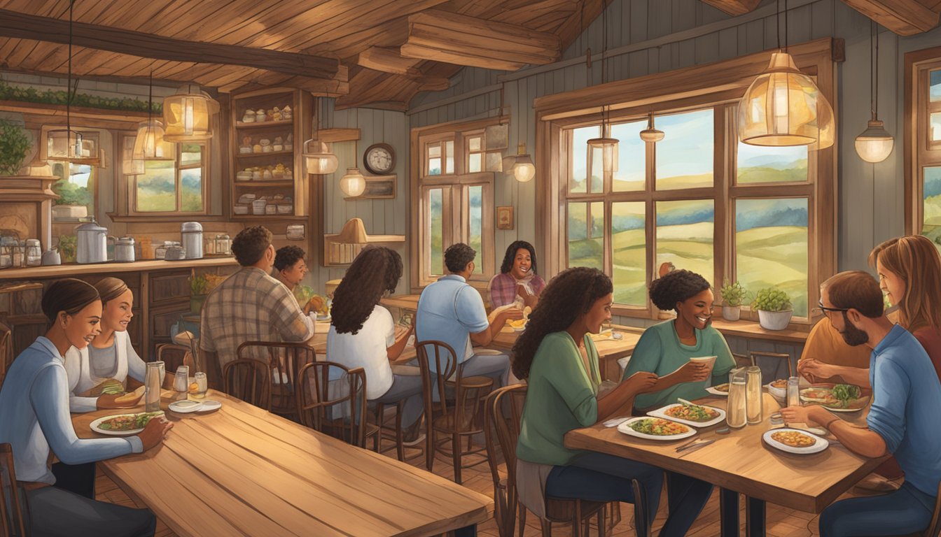 Customers savoring farm-to-table dishes in a cozy, rustic setting with locally sourced decor and a chalkboard menu