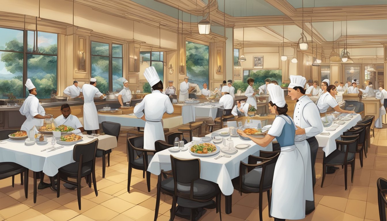 A bustling restaurant with chefs preparing gourmet dishes and waitstaff presenting elegant menus to eager diners