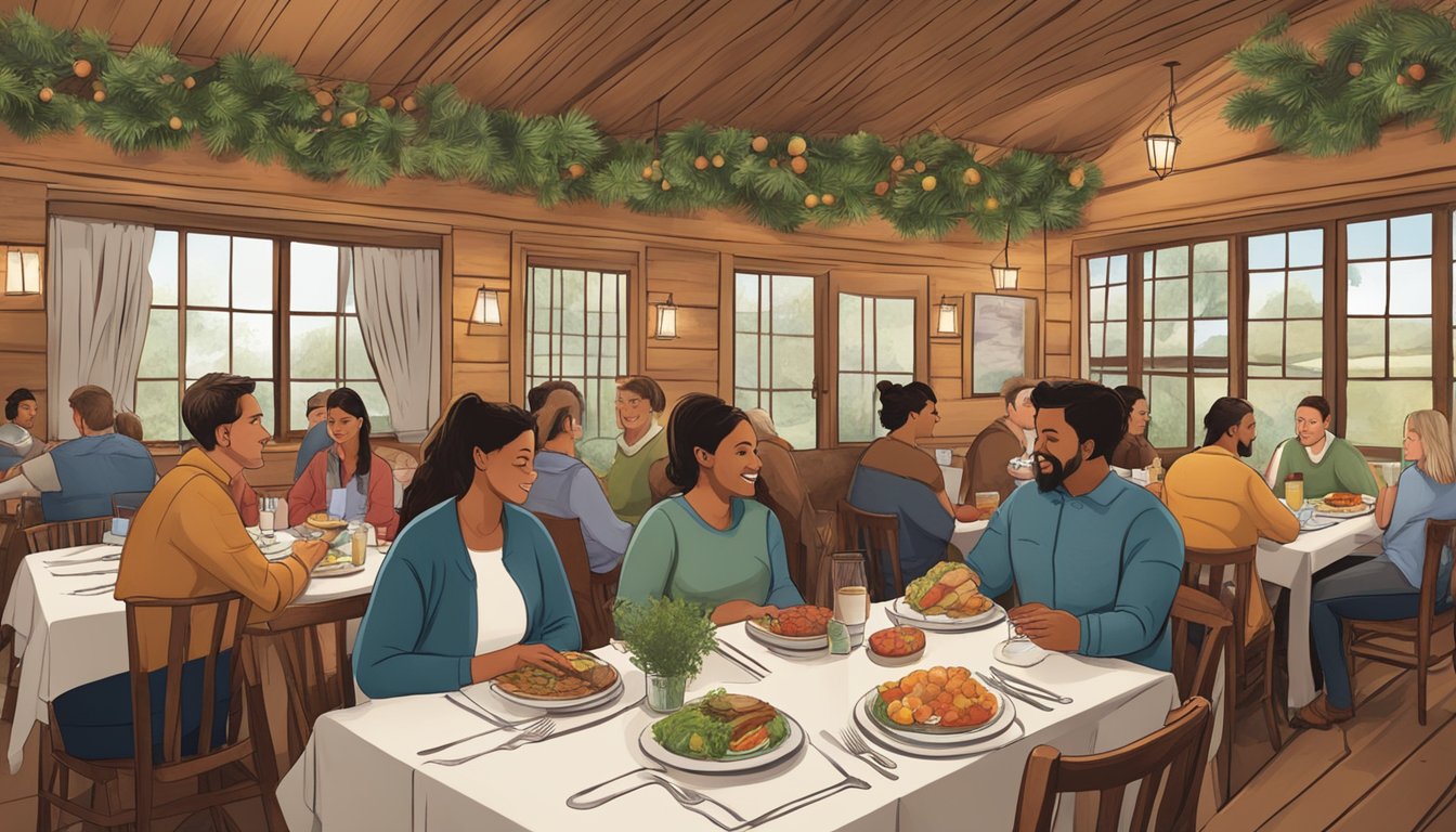 Customers dining in a cozy, rustic restaurant with locally sourced ingredients and farm-to-table decor