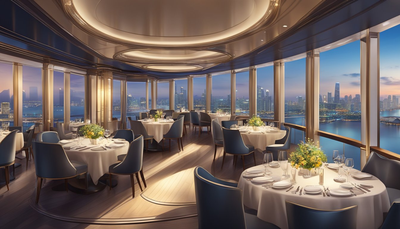 A luxurious ship restaurant in Singapore, with elegant dining tables, panoramic views of the city skyline, and a sophisticated ambiance