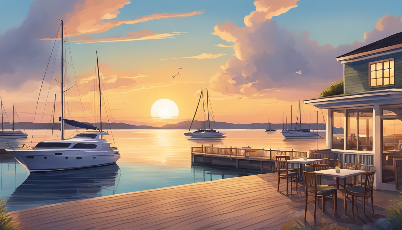 A serene sunset over calm waters, with sailboats dotted across the horizon, and a cozy yacht club restaurant nestled along the shoreline