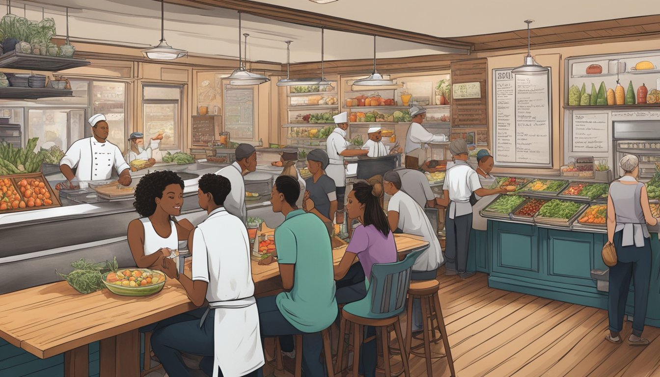 A bustling restaurant with a chalkboard menu, fresh produce on display, and a chef interacting with diners