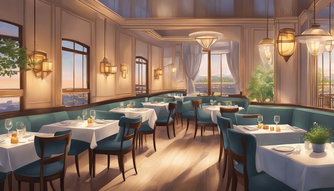The restaurant glows warmly, with soft lighting and cozy seating. Tables are set with elegant dishware, and a welcoming atmosphere fills the air