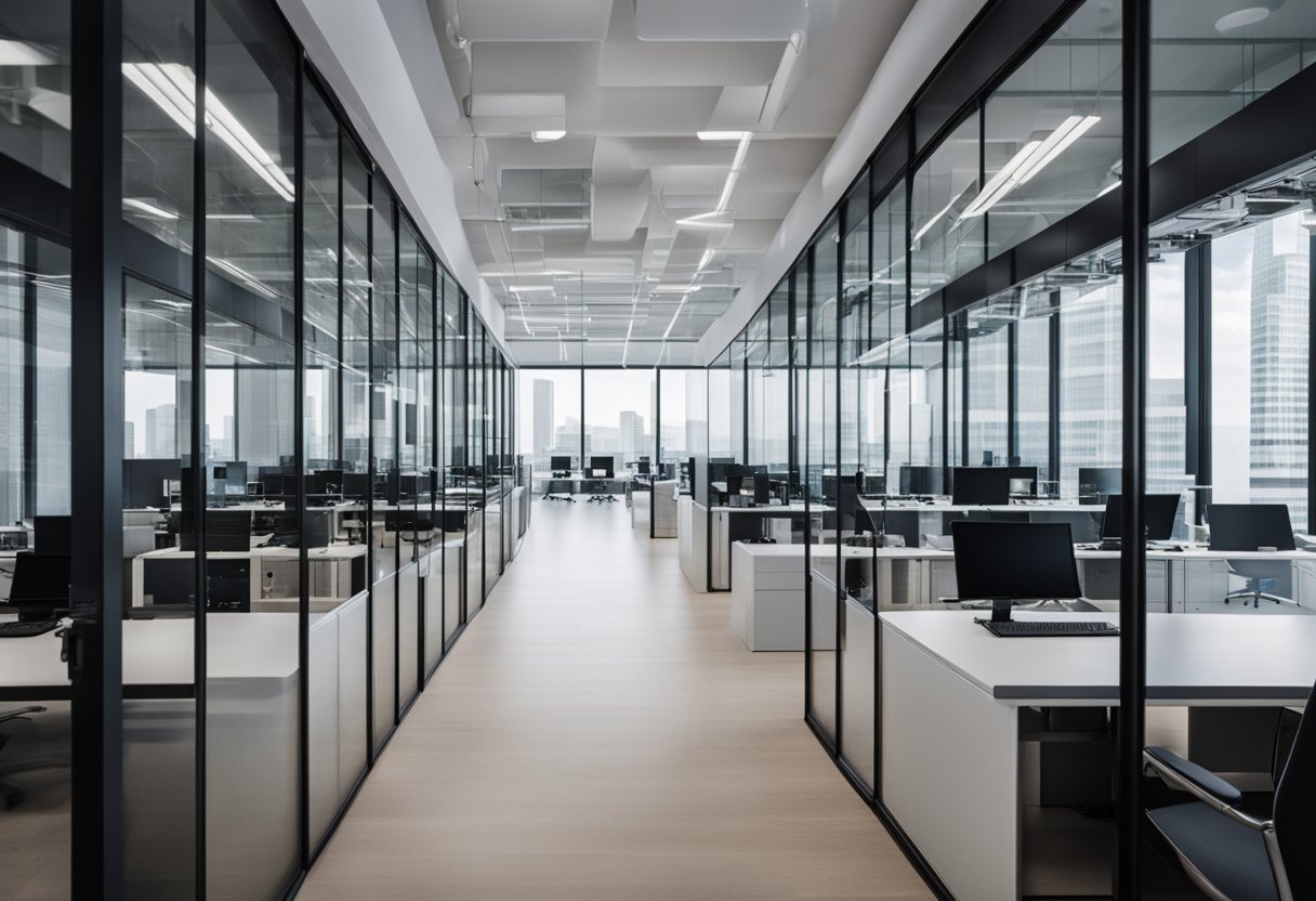 A closed office layout with desks arranged in a grid pattern, surrounded by floor-to-ceiling glass walls, with minimalistic decor and ergonomic furniture