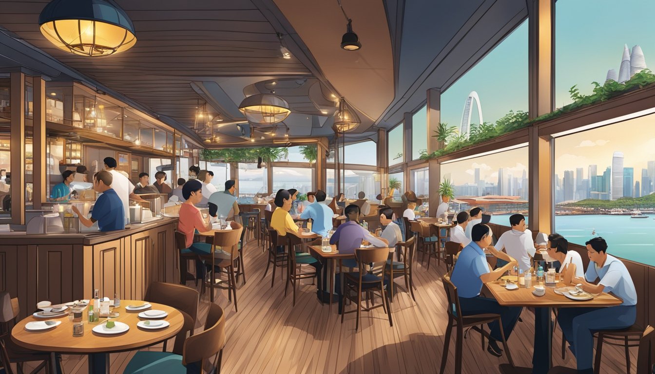 A bustling ship-themed restaurant in Singapore, with diners enjoying their meals amidst nautical decor and panoramic views of the city skyline