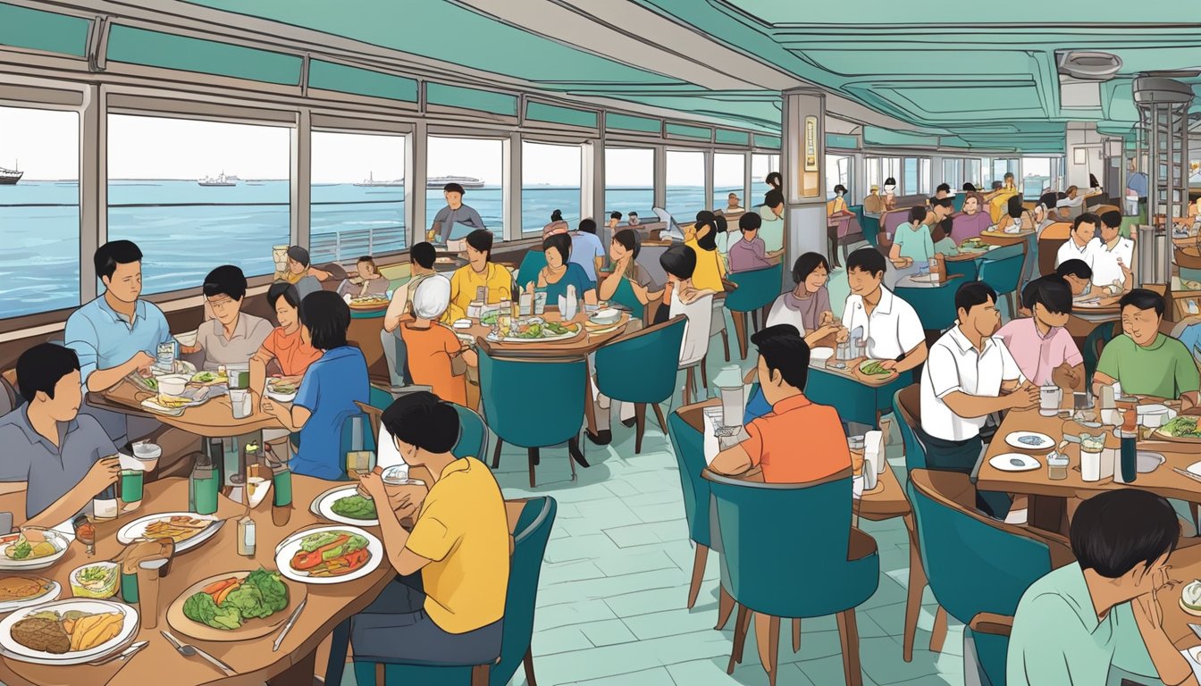A bustling restaurant on a ship in Singapore, with diners enjoying their meals and staff busy attending to their needs