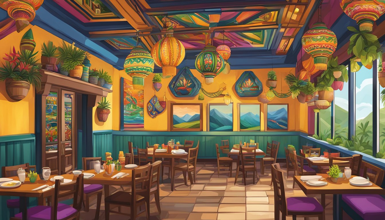 Colorful Peruvian restaurant in Singapore with traditional decor, vibrant murals, and tables set with Peruvian cuisine