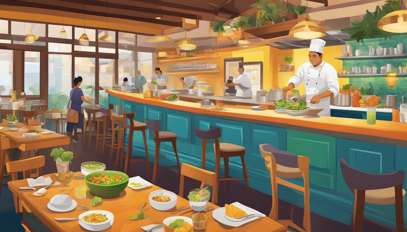 A vibrant Peruvian restaurant in Singapore, with colorful decor and exotic ingredients on display. A chef prepares ceviche at the open kitchen, while diners savor the rich aromas and flavors of the Andes
