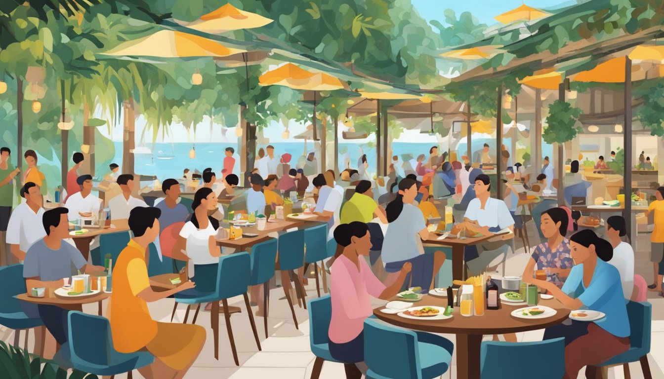 A bustling restaurant in Sanur, Singapore, with colorful decor, bustling waitstaff, and a diverse crowd of diners enjoying their meals