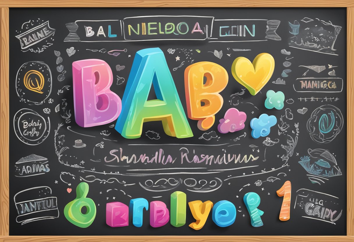 A colorful array of baby name options displayed on a chalkboard with playful fonts and decorative elements