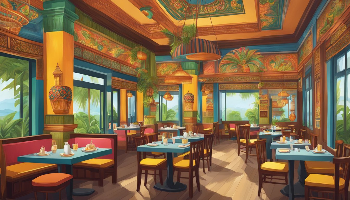 Colorful interior of Bumbu restaurant, with vibrant murals and traditional Indonesian decor. Tables set with exotic dishes and steaming bowls