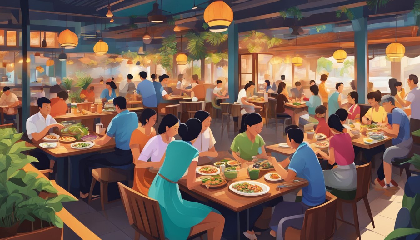 A bustling restaurant with vibrant colors, aromatic spices, and sizzling pans. Tables filled with exotic dishes and happy diners enjoying the diverse flavors of Singaporean cuisine
