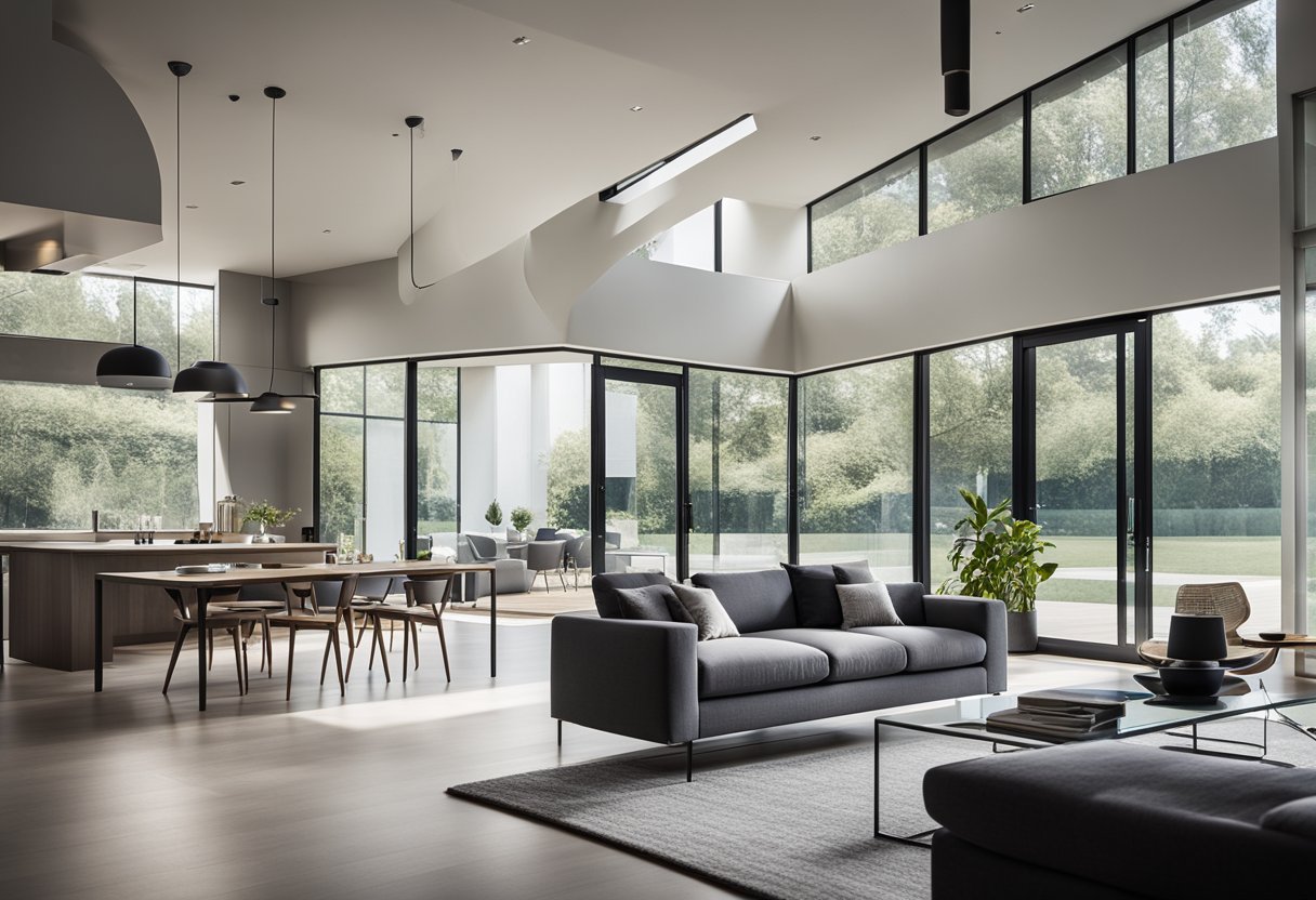 A sleek, open-plan living room with minimalist furniture, natural light, and modern artwork. Glass walls blur the line between indoor and outdoor spaces