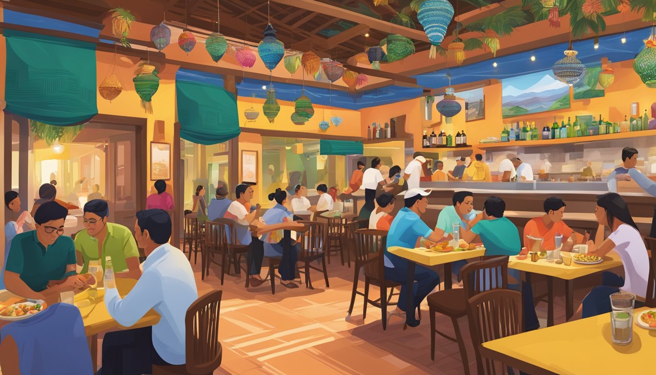 A bustling Peruvian restaurant in Singapore with colorful decor, traditional music, and diners enjoying ceviche and pisco sours