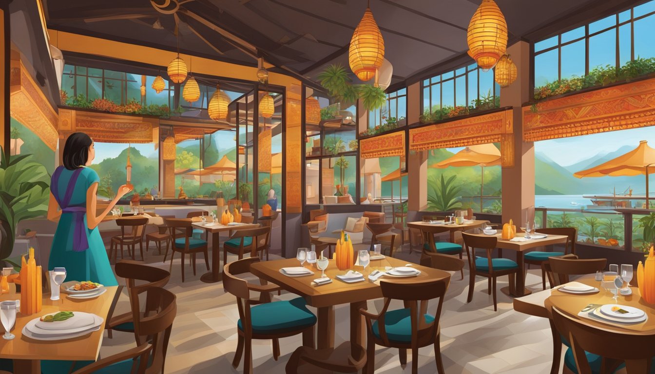 A bustling restaurant with modern decor, filled with the aroma of exotic spices and the sound of sizzling woks. Tables are set with elegant tableware, and a vibrant mural adorns the walls, depicting scenes of Southeast Asian culture