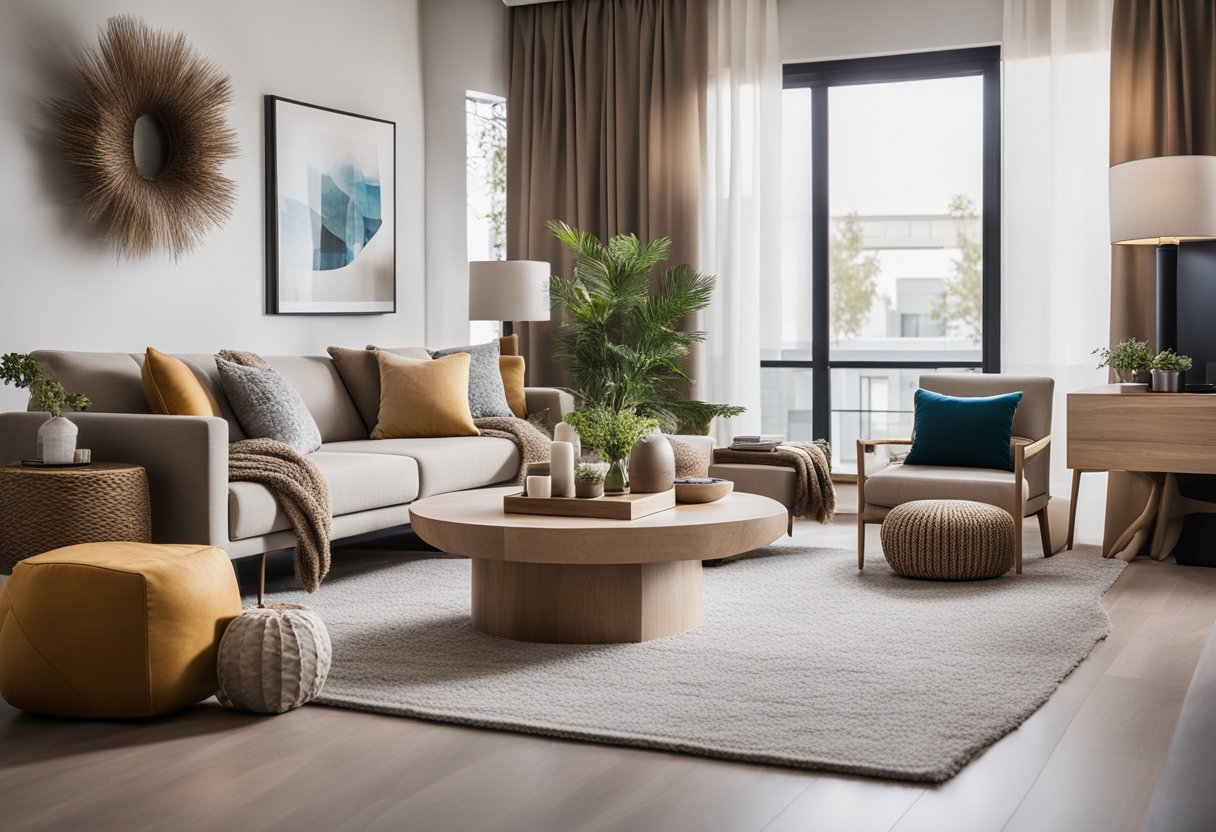 A modern living room with neutral tones, featuring a mix of natural materials like wood and stone, accented with pops of color in the form of vibrant throw pillows and artwork