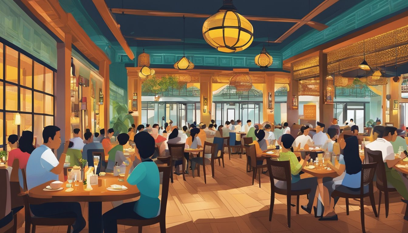 The bustling interior of Bumbu Restaurant in Singapore, with diners enjoying their meals, waitstaff moving between tables, and the vibrant decor adding to the lively atmosphere