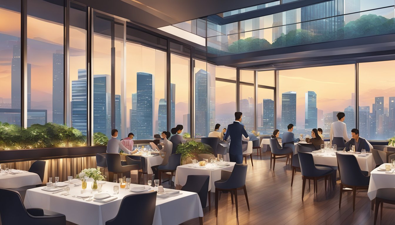 A bustling skai restaurant in Singapore, with sleek modern decor, panoramic city views, and elegant dining tables