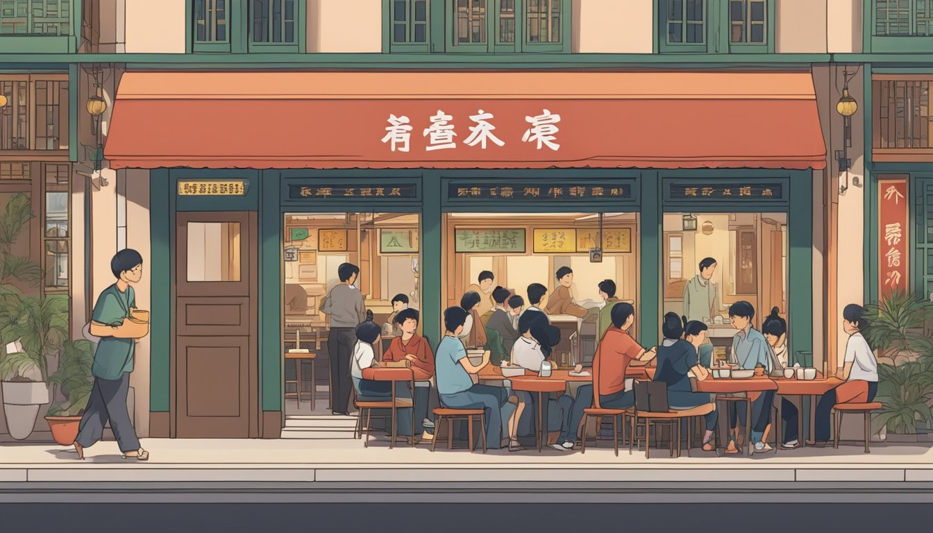 A bustling restaurant with customers at tables, a welcoming entrance, and a sign reading "Frequently Asked Questions qianxi restaurant"