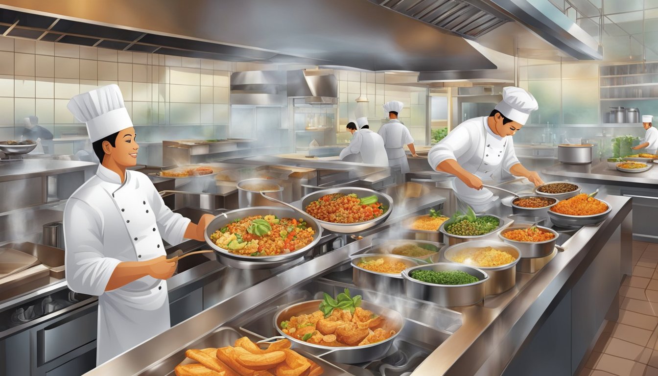 Customers enjoy diverse dishes at Culinary Delights restaurant. Chefs prepare exquisite meals in a bustling kitchen. The aroma of sizzling spices fills the air