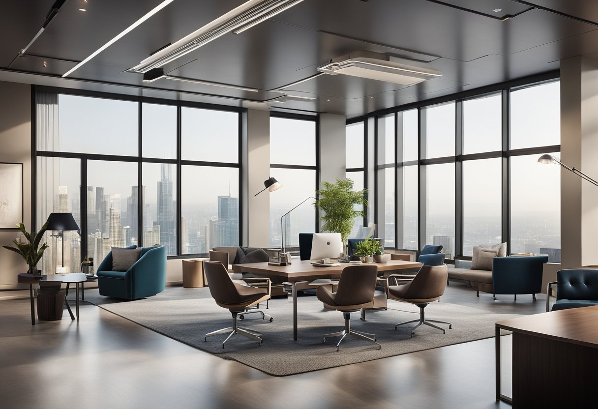 A spacious corner office with floor-to-ceiling windows, a sleek modern desk, and comfortable seating area with plush chairs and a coffee table