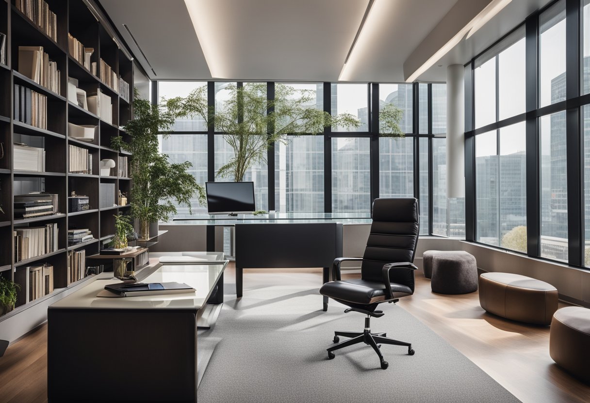 A spacious corner office with floor-to-ceiling windows, a sleek glass desk, modern ergonomic chair, and a cozy reading nook with a plush armchair and a small bookshelf