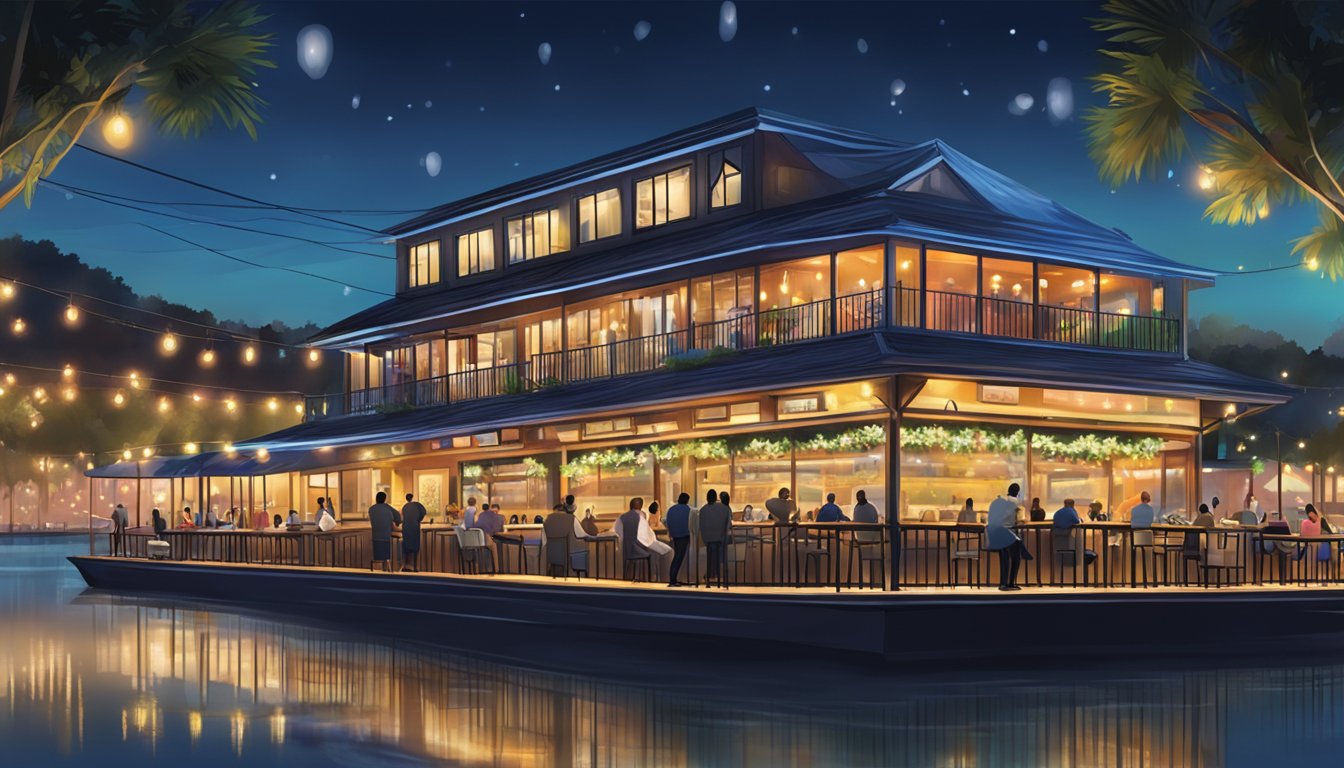 A bustling riverside restaurant & bar, with colorful lights reflecting off the water, and a mix of outdoor and indoor seating
