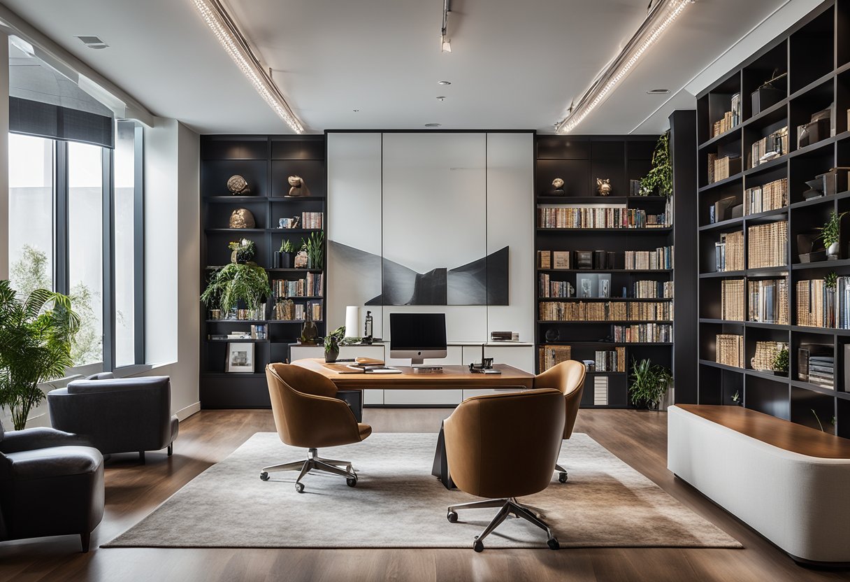 A sleek, modern office with a large desk, ergonomic chair, and floor-to-ceiling windows. The walls are adorned with personalized artwork and shelves display books and decorative items. A cozy seating area with a plush rug completes the space