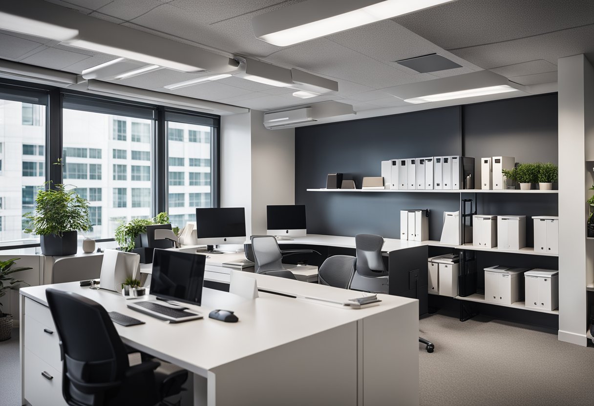 A modern, sleek corner office with a clean and minimalist design. It features a large desk, ergonomic chair, and shelves neatly organized with files and office supplies. The space is bright with natural light and has a professional yet welcoming atmosphere