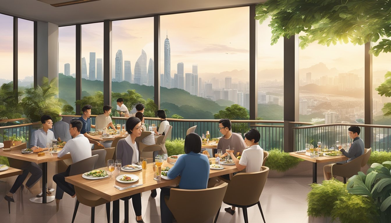 A bustling restaurant at Safra Mount Faber, with diners enjoying panoramic views of the city skyline and lush greenery