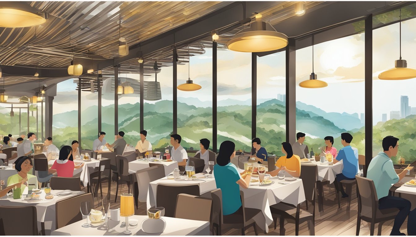 A bustling restaurant at Safra Mount Faber, with diners enjoying their meals and the scenic view of the surrounding landscape
