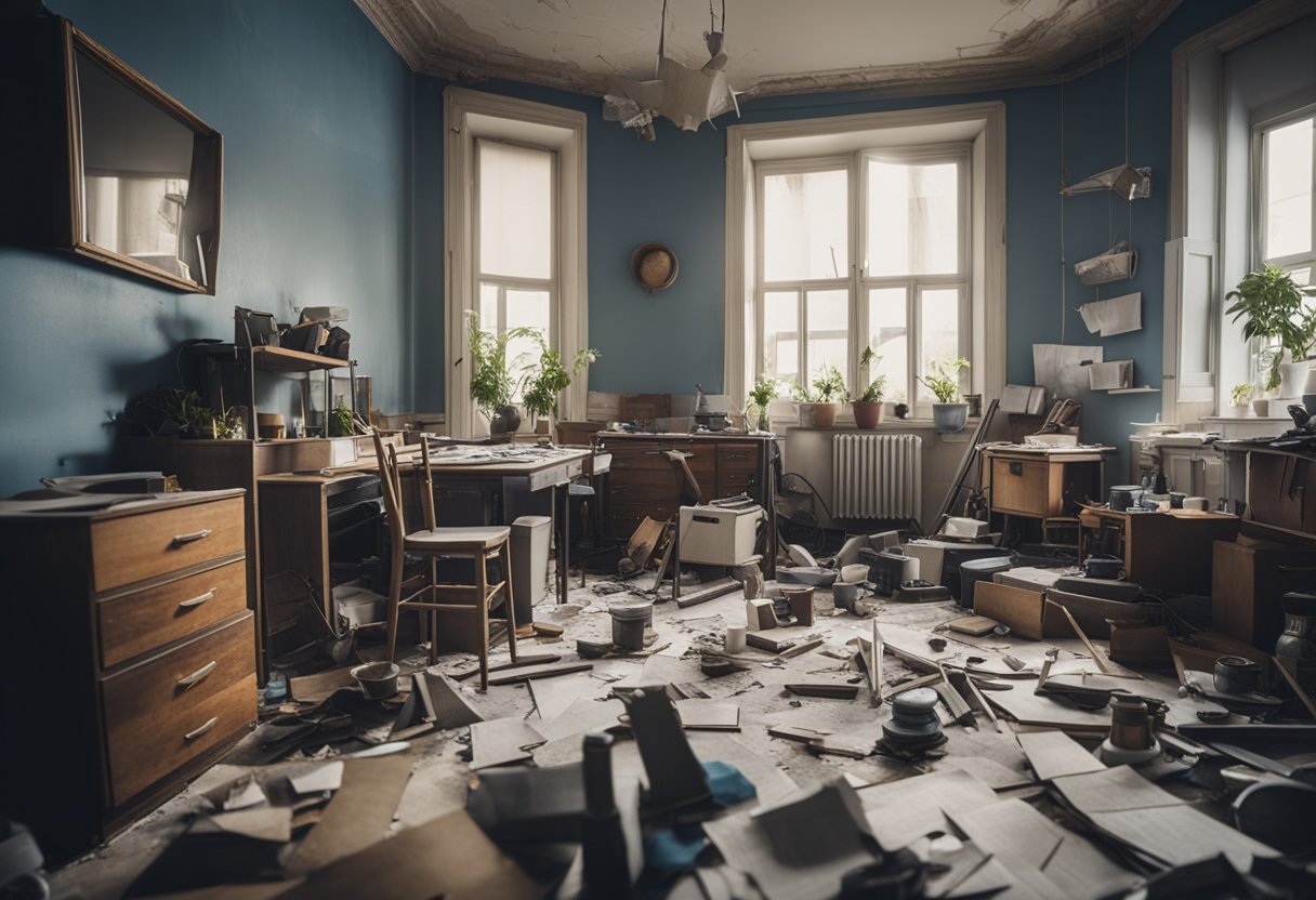 A cluttered one-room flat with outdated furniture and peeling paint. Blueprints and renovation tools scattered across the floor, indicating a renovation in progress