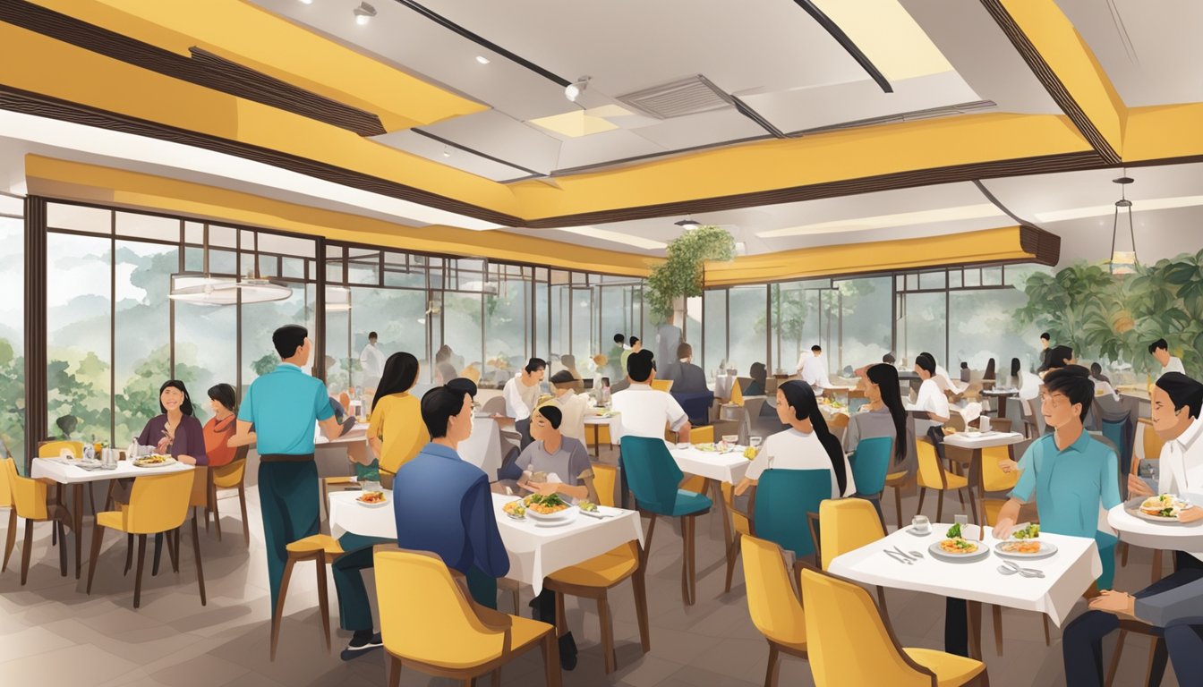 The restaurant at Safra Mount Faber is bustling with patrons, servers moving between tables, and the aroma of delicious food filling the air
