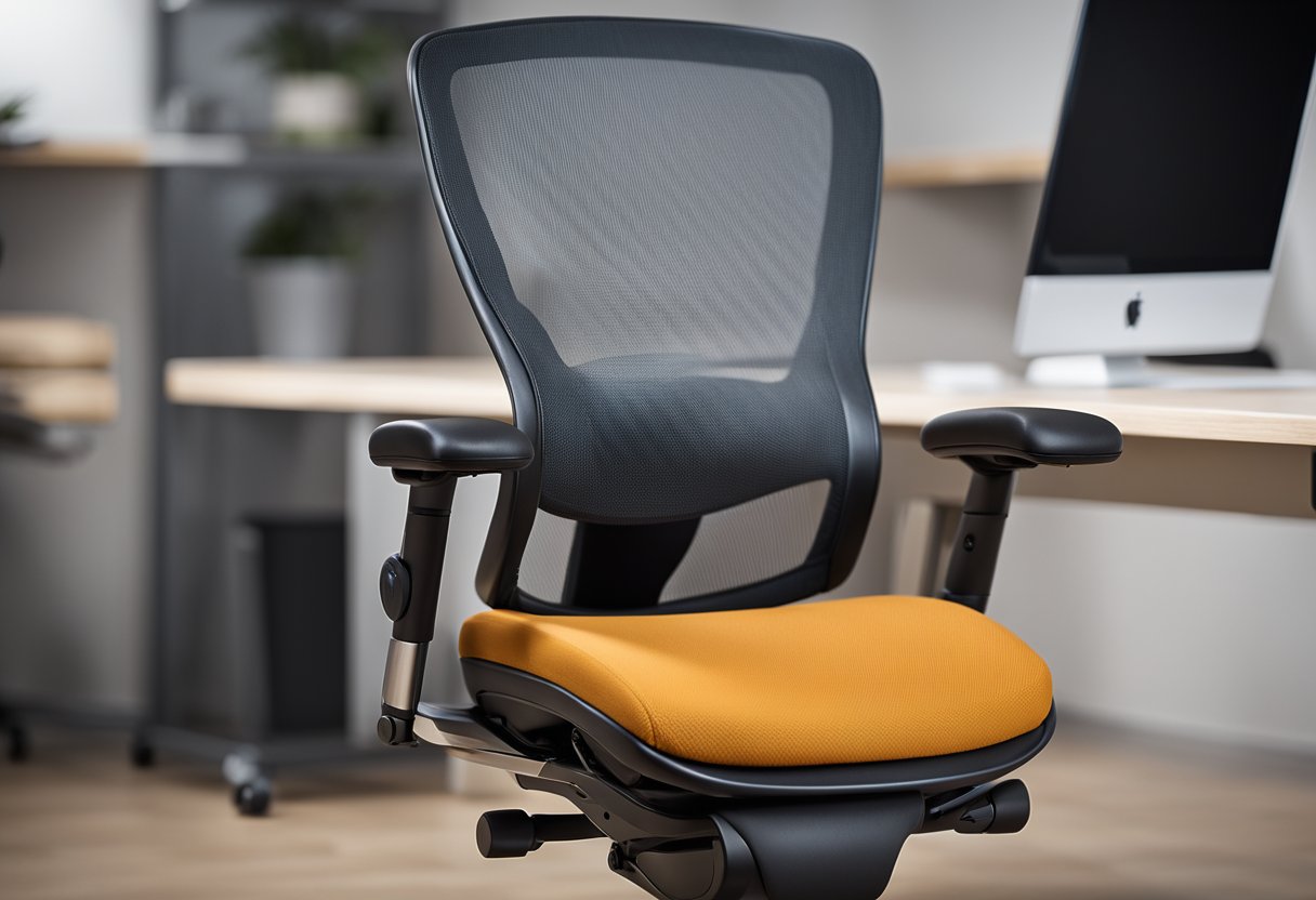 An ergonomic office chair with adjustable lumbar support, armrests, and a breathable mesh backrest. The seat is cushioned and contoured for proper posture