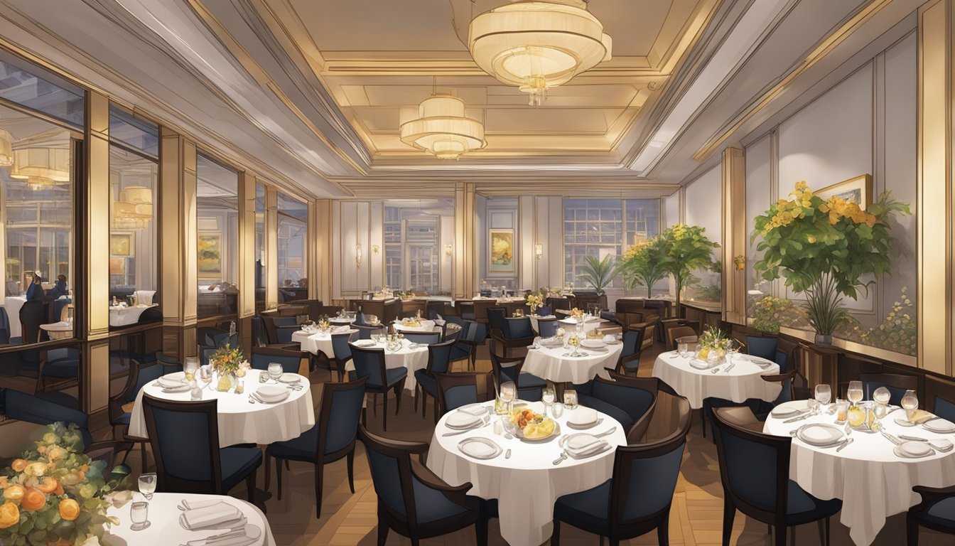 The Temasek Club restaurant bustles with diners, soft lighting, and elegant decor. Tables are set with fine linens and gleaming silverware, while the aroma of sizzling cuisine fills the air