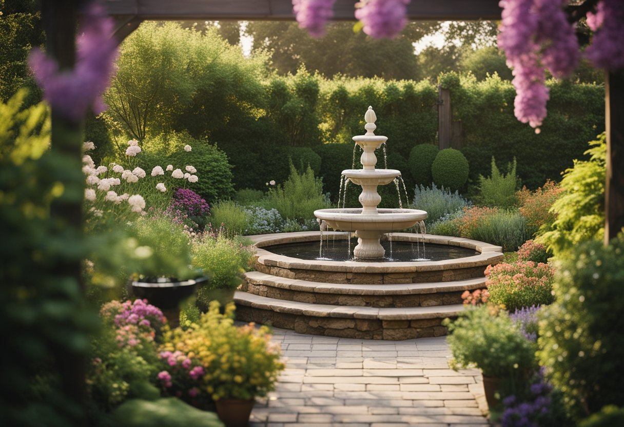 A lush garden with raised beds, a pergola, and a winding path. Bright flowers, a bubbling fountain, and cozy seating areas complete the tranquil space