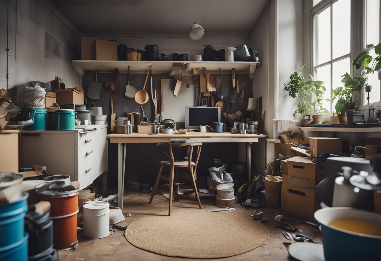 A cluttered 1-room flat with renovation tools scattered about. Walls stripped, paint cans open, and furniture pushed to the side