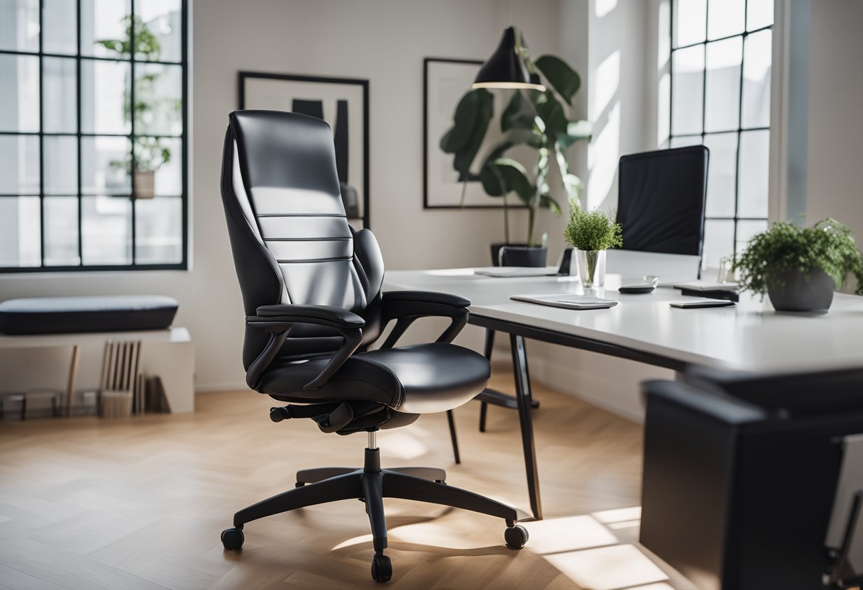 A sleek, modern office chair with adjustable lumbar support and padded armrests sits in front of a clean, organized desk in a bright, airy home office space