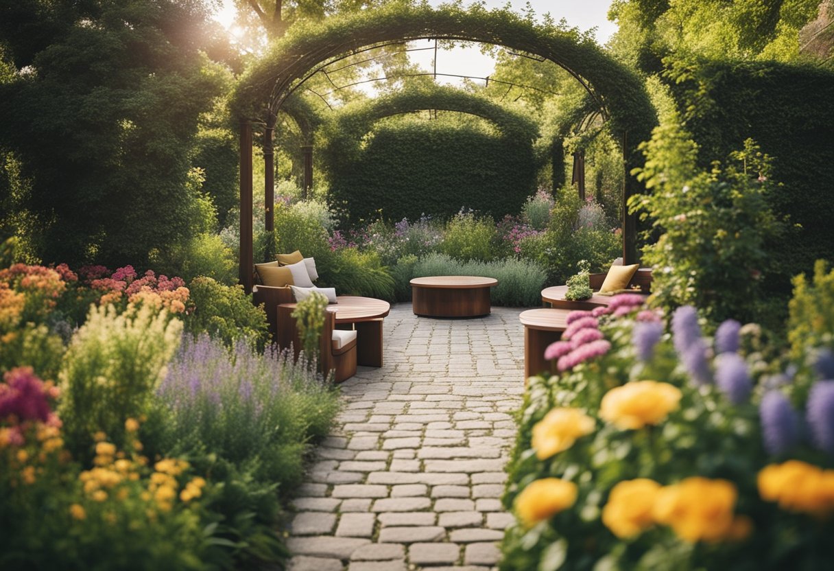 Lush garden with colorful flowers, neatly arranged raised beds, and a cozy seating area. A winding path leads to a charming pergola covered in vines