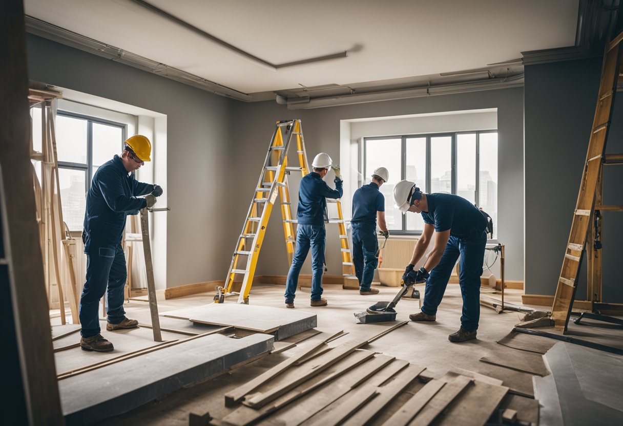 Workers renovate a 3-bedroom space, measuring and installing materials