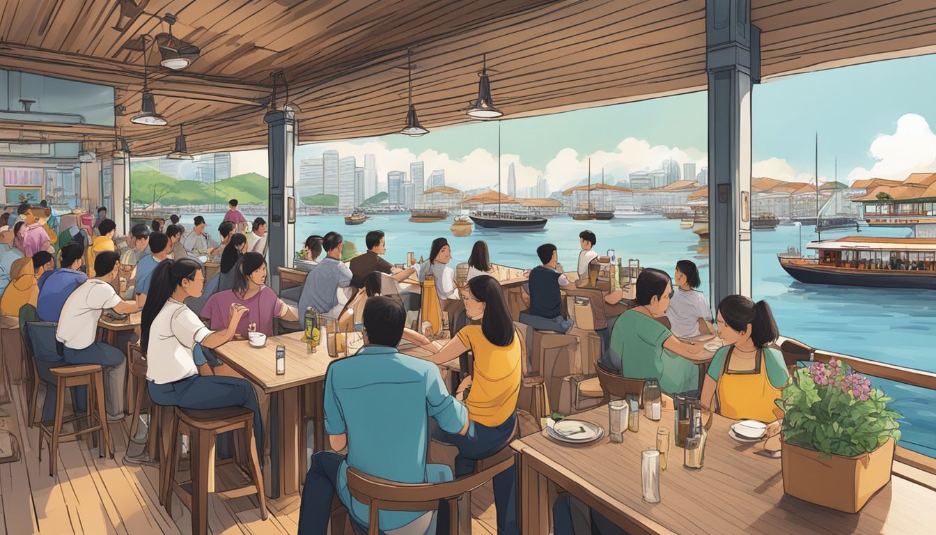 A bustling restaurant and bar on Boat Quay, with a vibrant atmosphere and a waterfront view. Tables are filled with patrons enjoying food and drinks, while the staff bustle about attending to their needs